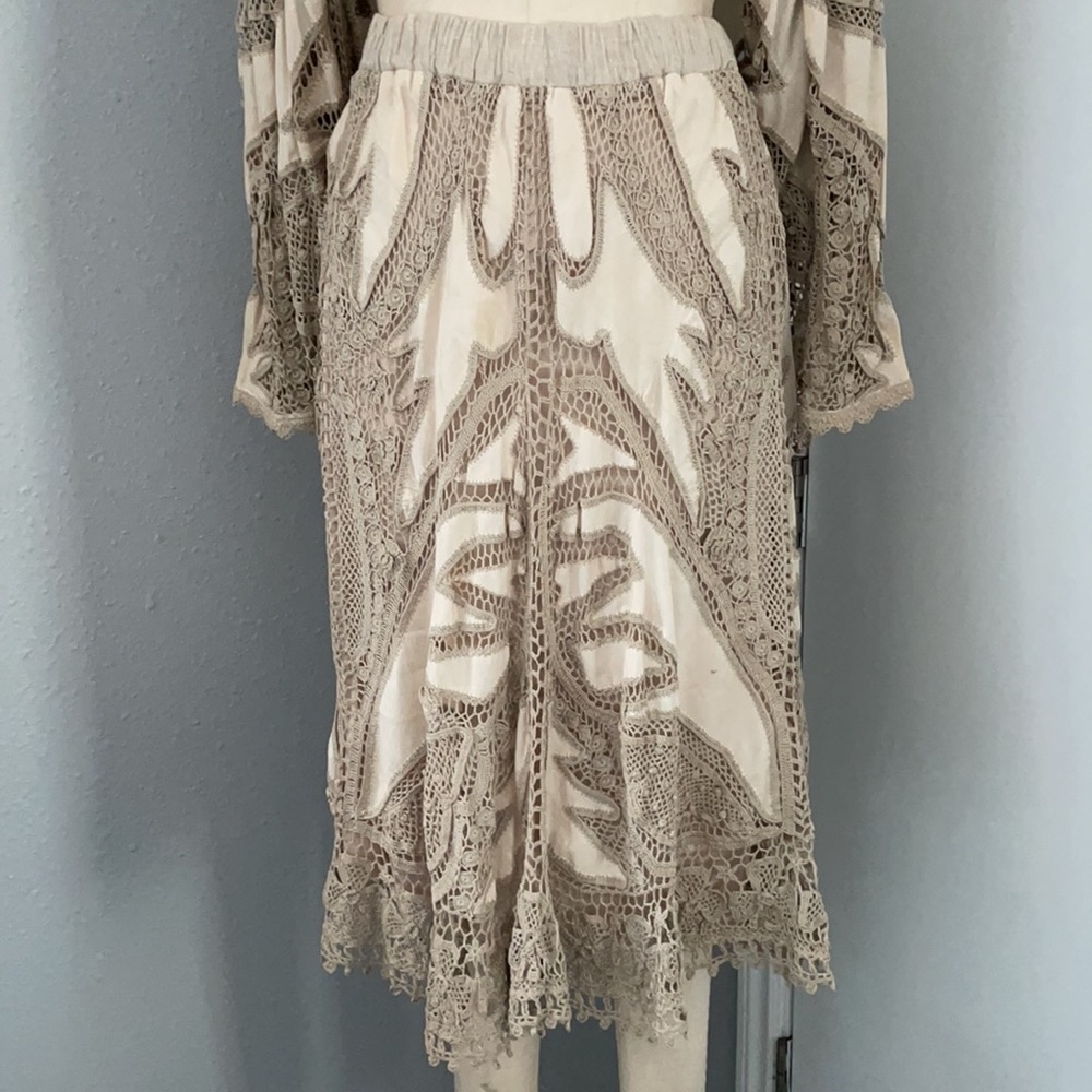 Boho Crochet Lace Duster Cardigan Kimono Neutral Beige Festival Layering Piece - Picture 8 of 11